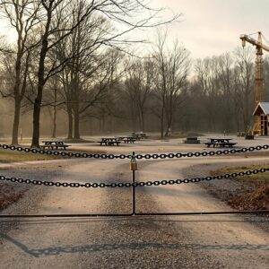 A locked gate blocks access to an empty rural campground at dawn, with misty light, vacant picnic tables, and a construction site with a crane and partially built structure in the background.