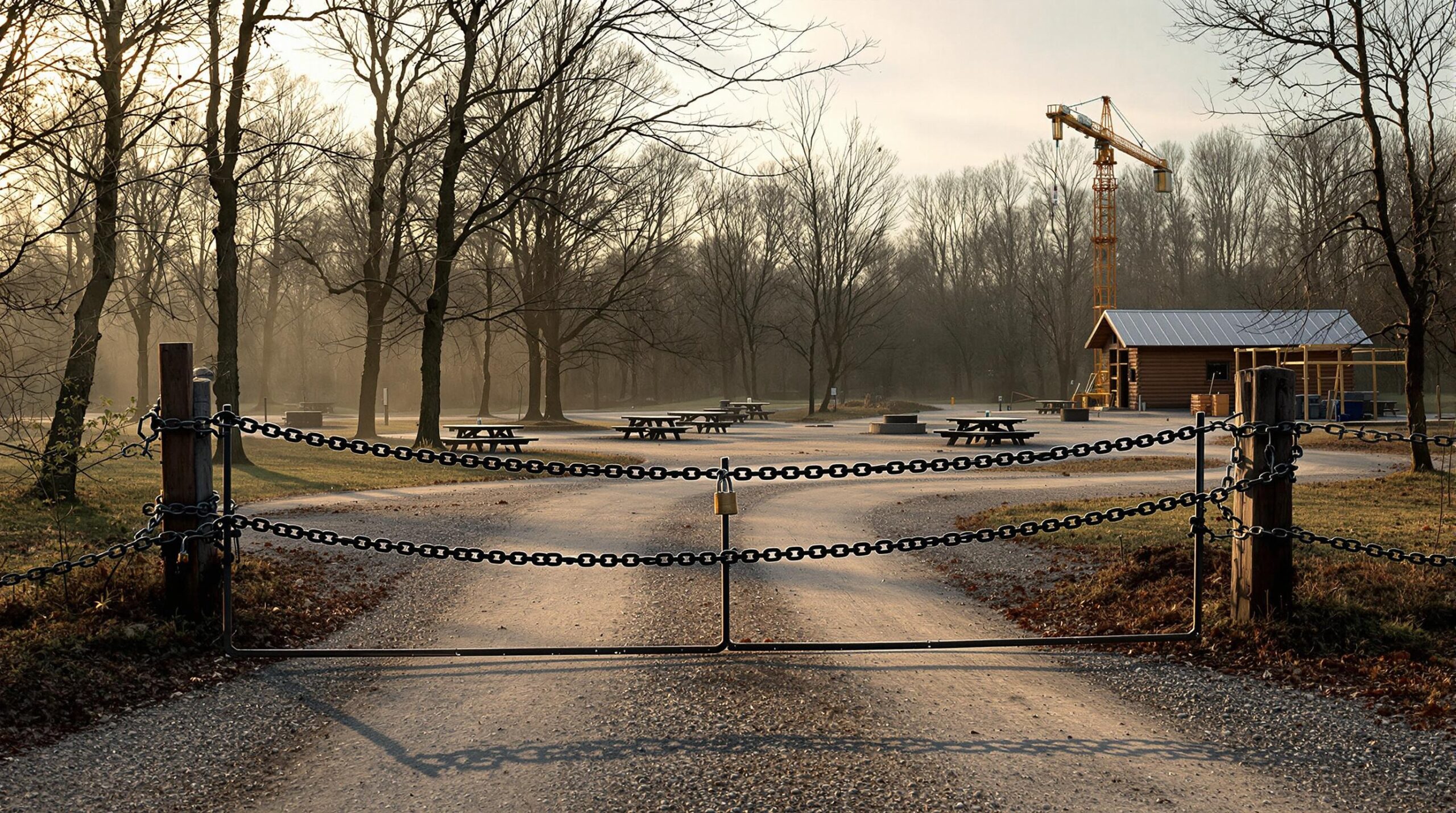 A locked gate blocks access to an empty rural campground at dawn, with misty light, vacant picnic tables, and a construction site with a crane and partially built structure in the background.