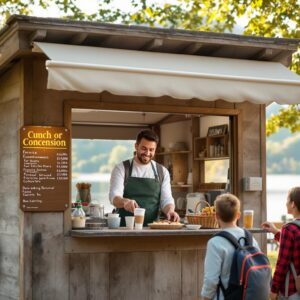 A smiling family receives snacks and drinks from a friendly vendor at a small wooden concession stand in a leafy park setting on a sunny afternoon.