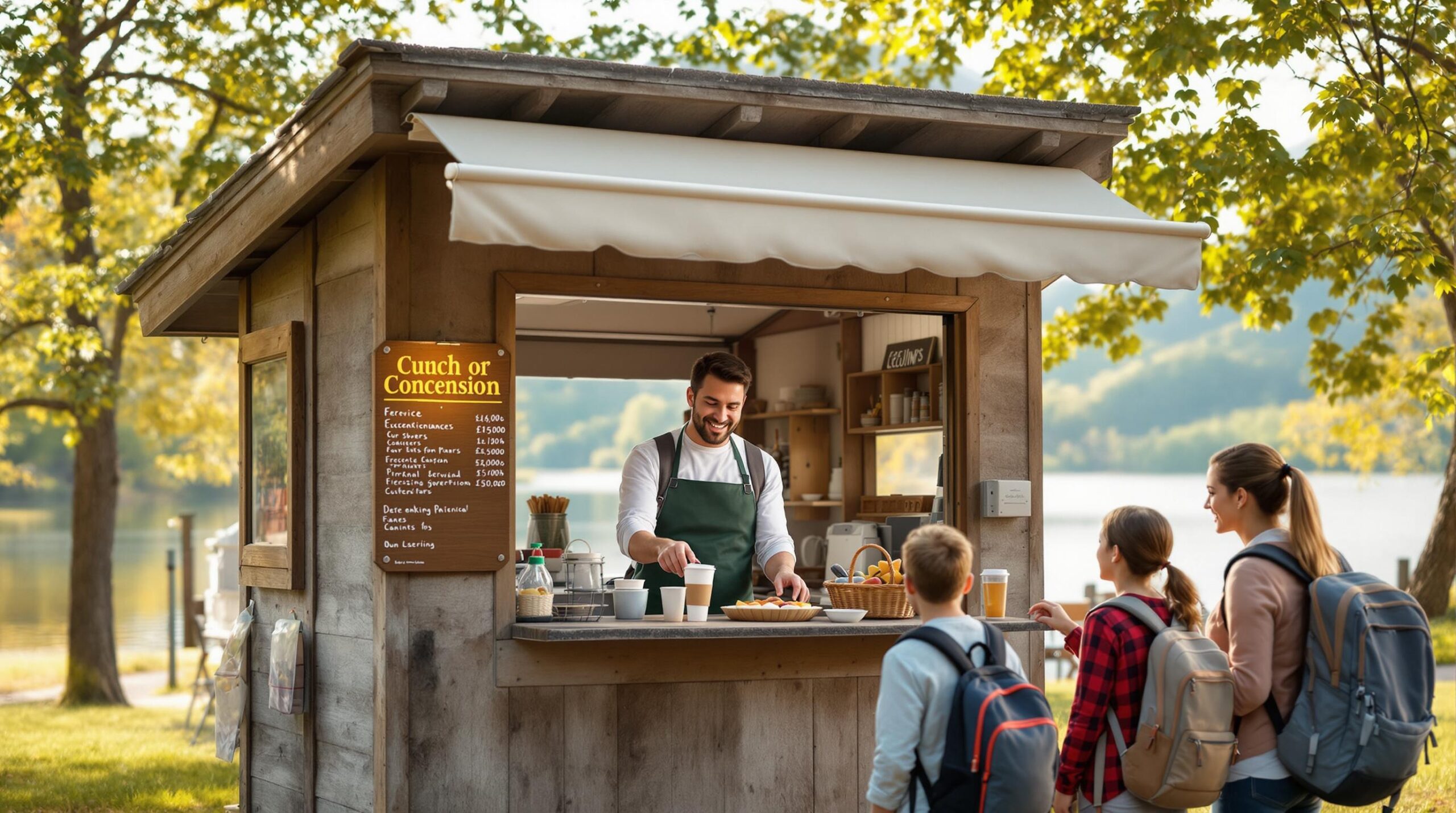 A smiling family receives snacks and drinks from a friendly vendor at a small wooden concession stand in a leafy park setting on a sunny afternoon.