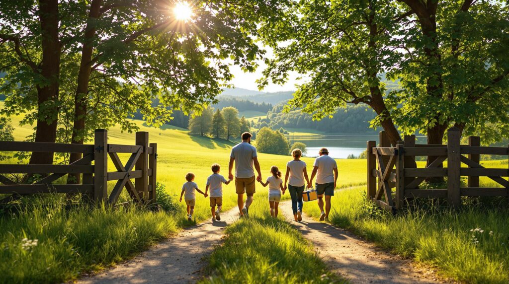 A diverse family with children and grandparents enters a sunlit, grassy park through a wooden gate, surrounded by trees and rolling hills.