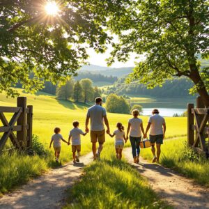 A diverse family with children and grandparents enters a sunlit, grassy park through a wooden gate, surrounded by trees and rolling hills.