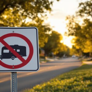 A temporary sign with an RV crossed out stands on a quiet suburban street lined with trees and houses at sunset.