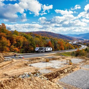 Construction crews install electrical hookups and gravel pads at a new forest campground in a mountain valley, with a distant train and rolling hills under a partly cloudy sky.