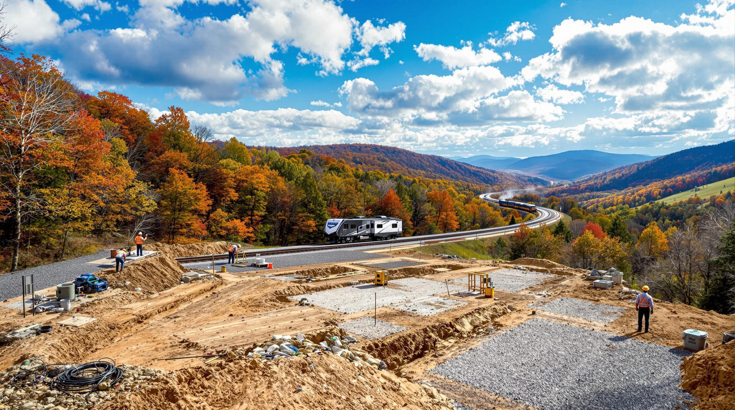 Construction crews install electrical hookups and gravel pads at a new forest campground in a mountain valley, with a distant train and rolling hills under a partly cloudy sky.