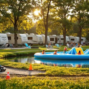 Children race an RC car on a dirt track at a family campground, with a floating water playground, RVs, and tents in the background, under golden sunlight.