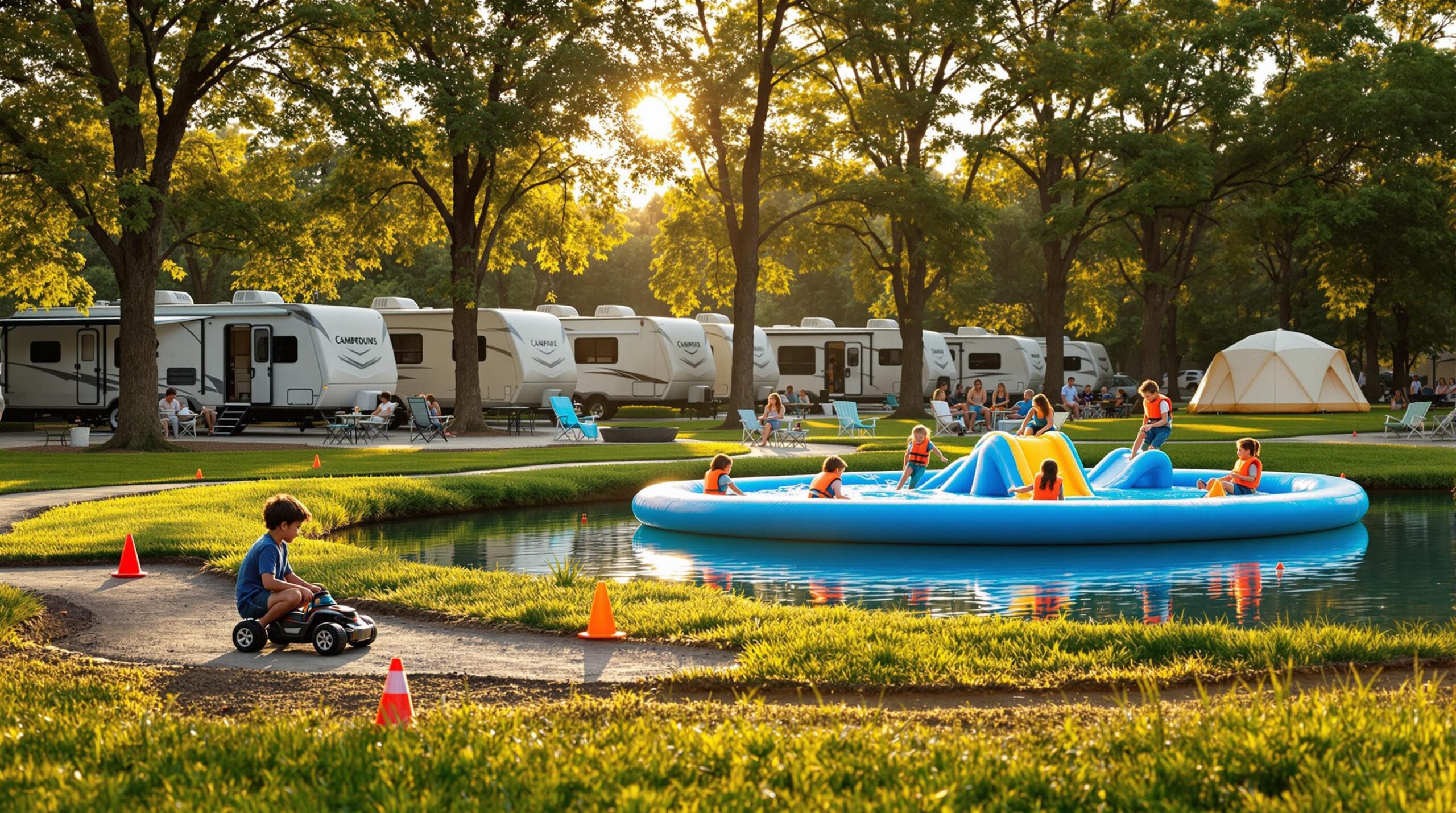 Children race an RC car on a dirt track at a family campground, with a floating water playground, RVs, and tents in the background, under golden sunlight.