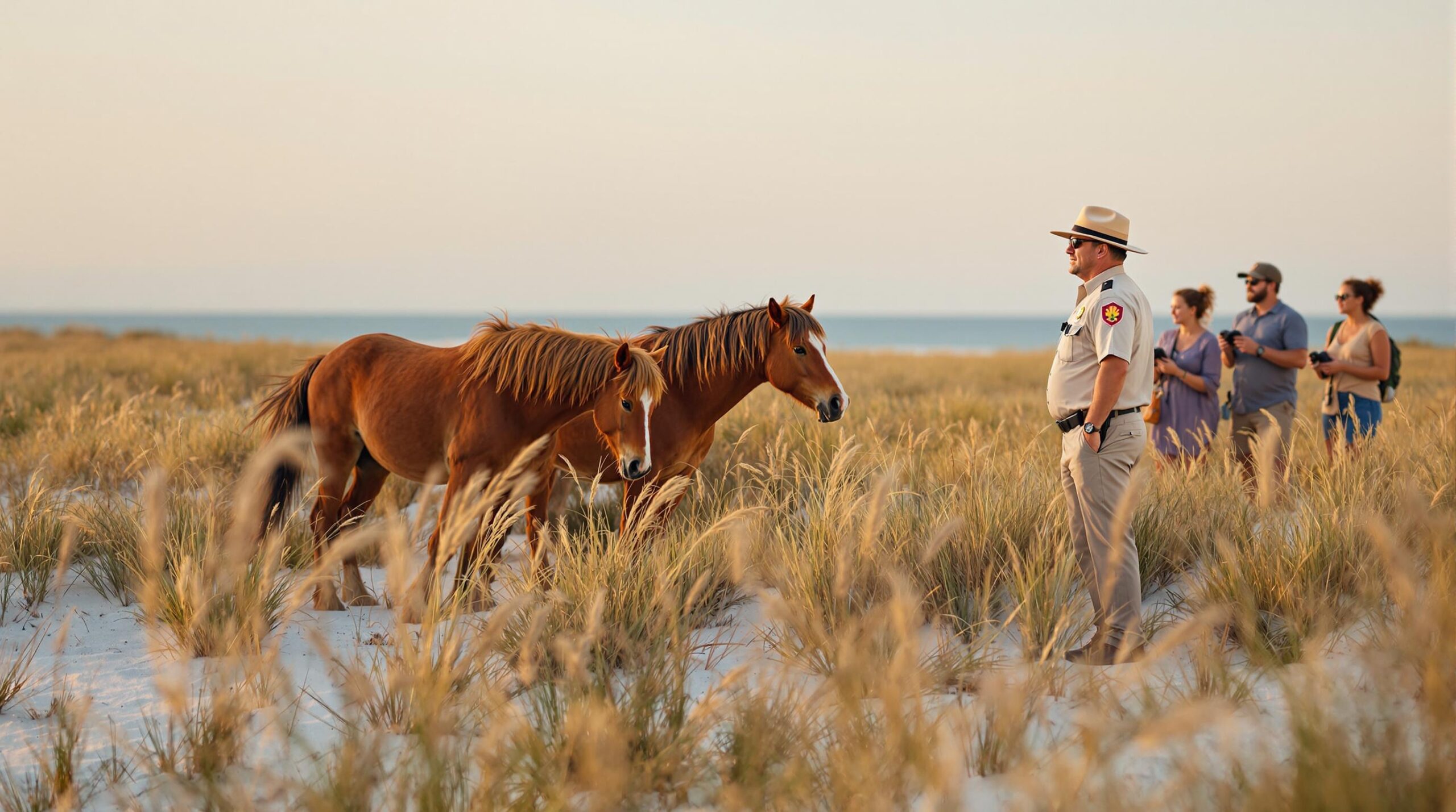 A small herd of wild horses grazes on sandy dunes with sea oats as a park ranger and visitors observe from a distance under a pastel dawn sky.