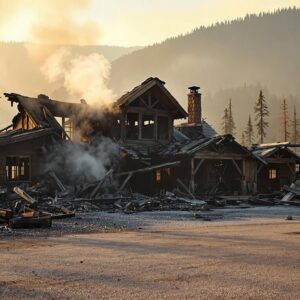 Charred remains of a rustic wooden lodge with collapsed roof, scattered burnt timbers, faint smoke, and a hazy canyon-like background after wildfire.