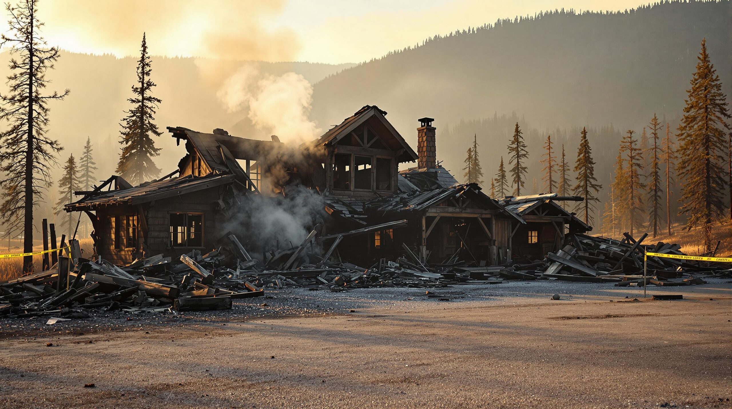 Charred remains of a rustic wooden lodge with collapsed roof, scattered burnt timbers, faint smoke, and a hazy canyon-like background after wildfire.