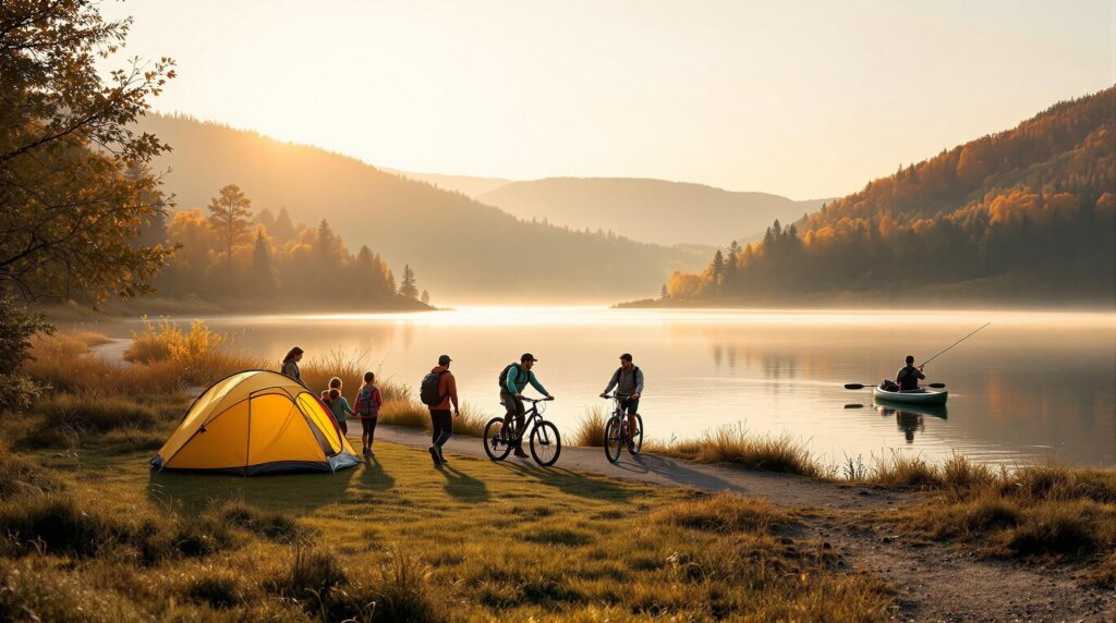 A diverse group of people enjoy outdoor activities at a lakeside park, including camping, mountain biking, and fishing, with rolling tree-covered hills and autumn foliage in the background under a warm sunrise sky.