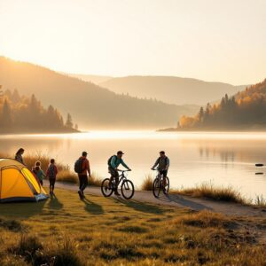 A diverse group of people enjoy outdoor activities at a lakeside park, including camping, mountain biking, and fishing, with rolling tree-covered hills and autumn foliage in the background under a warm sunrise sky.