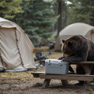 A black bear investigates a closed metal cooler near an empty picnic table in a generic pine forest campground with tents and a bear-proof dumpster in the background.