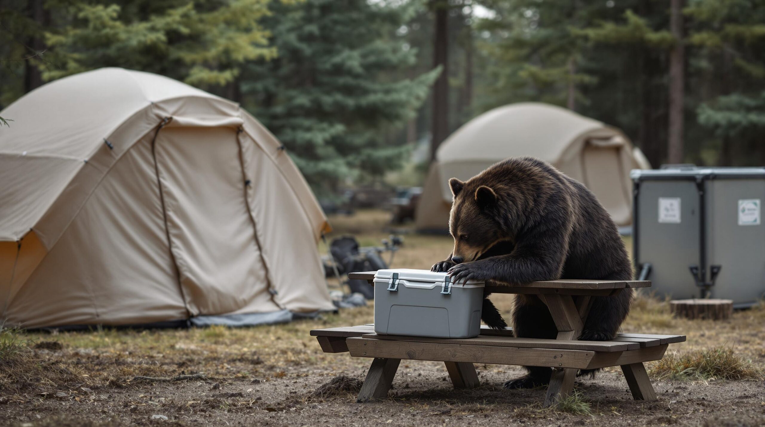 A black bear investigates a closed metal cooler near an empty picnic table in a generic pine forest campground with tents and a bear-proof dumpster in the background.