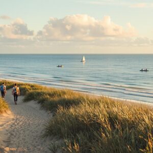 Two hikers walk along a sandy trail through dune grass toward a wide beach and calm ocean, with kayakers on the water and a sailboat in the distance under a pastel sky at golden hour.