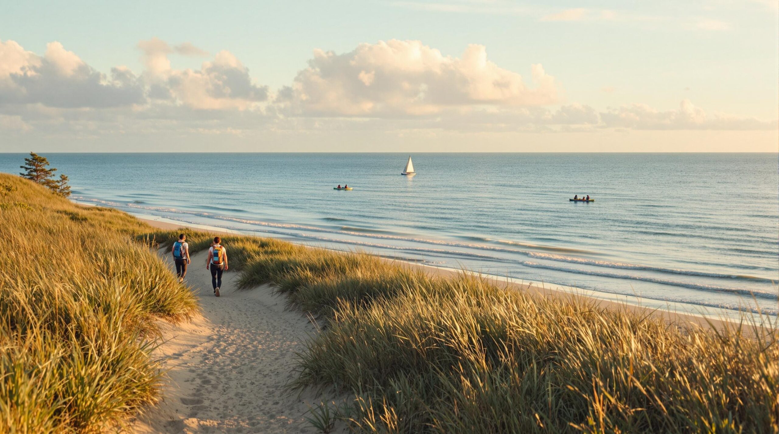 Two hikers walk along a sandy trail through dune grass toward a wide beach and calm ocean, with kayakers on the water and a sailboat in the distance under a pastel sky at golden hour.