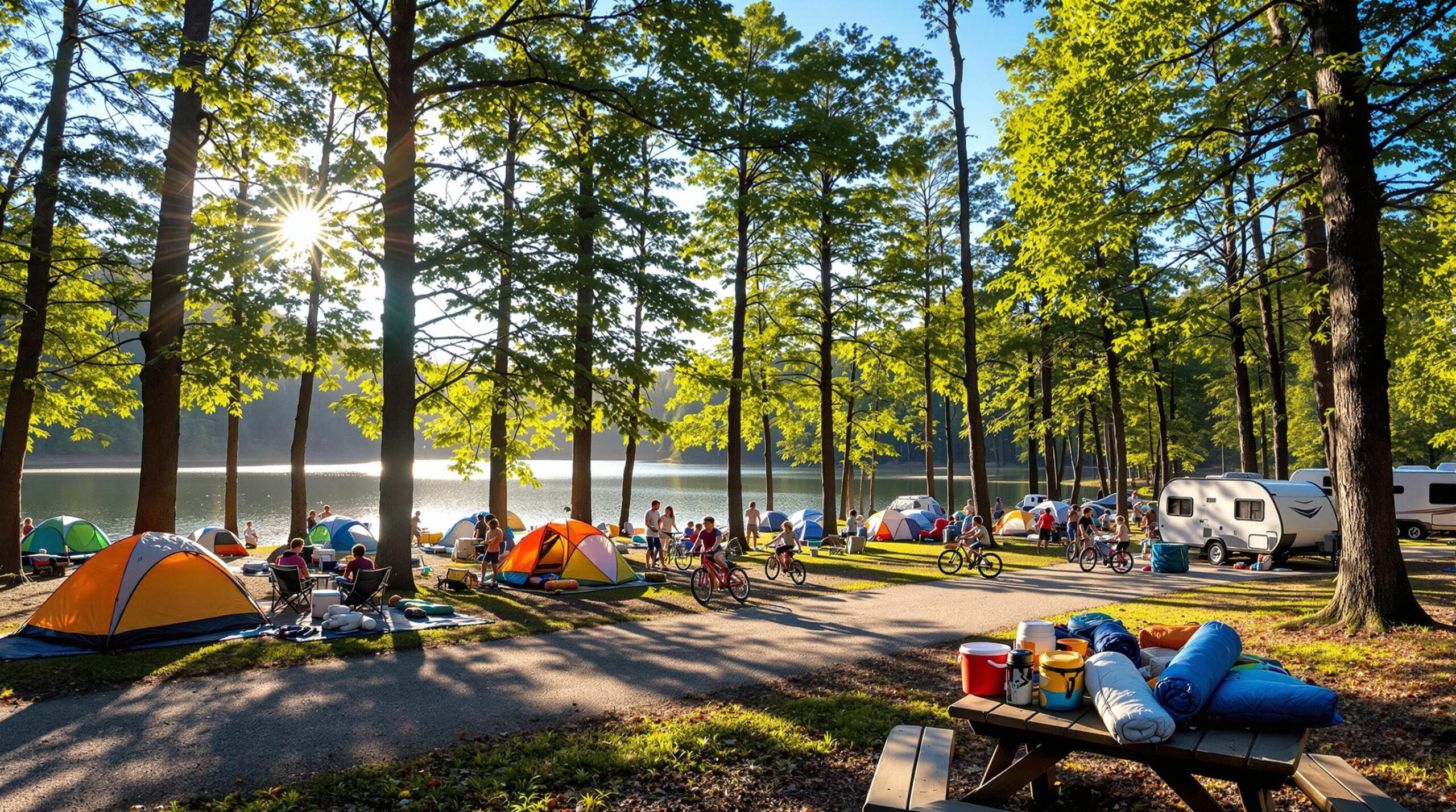 Families setting up tents and camping gear at a busy forest campground near a lake on a sunny spring day, with children riding bikes and picnic tables in the foreground.