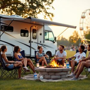 A diverse group of people relax by a campfire near a modern RV and tent at a grassy campground during sunset, with festival wristbands and blurred amusement rides in the background.
