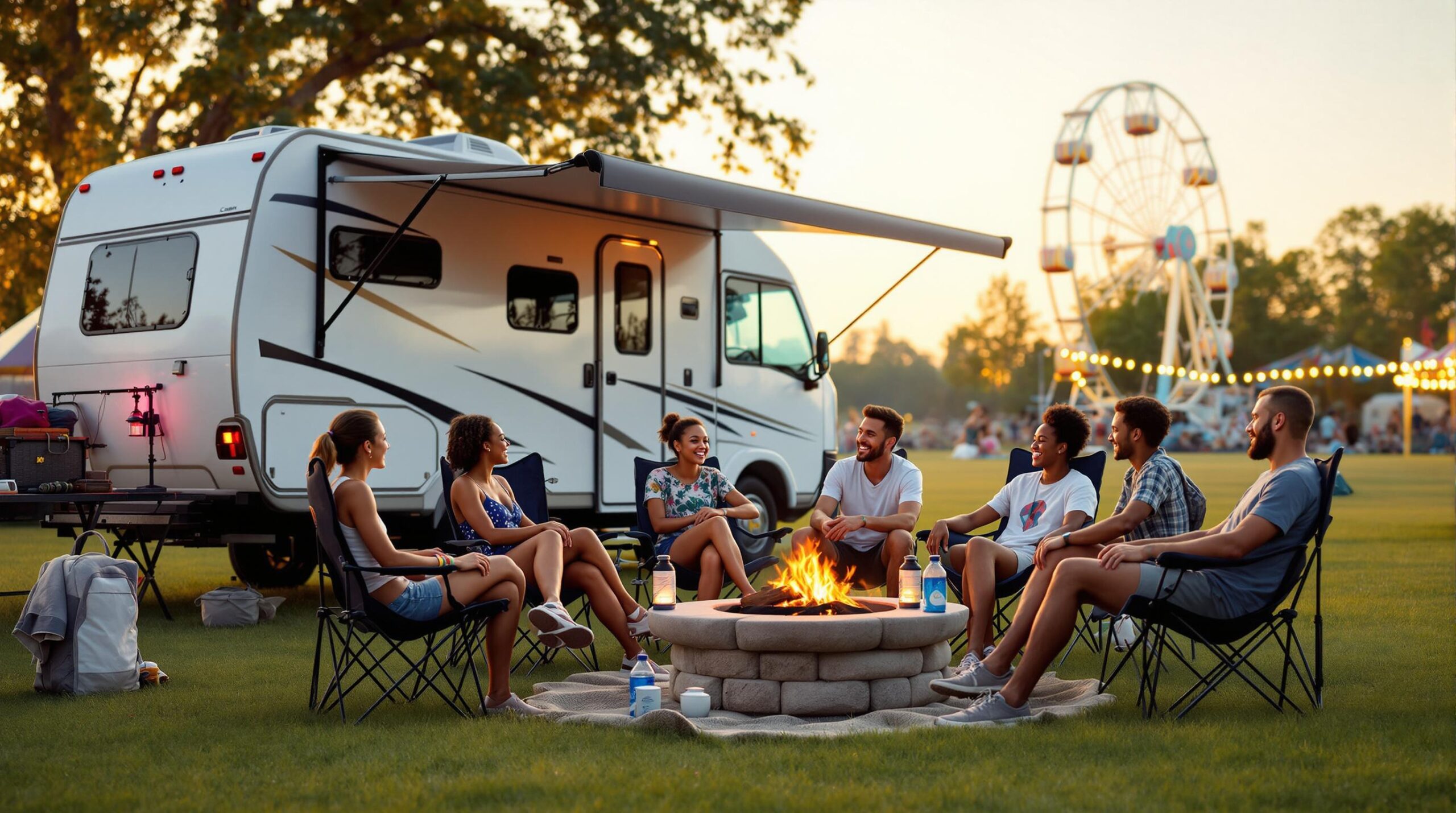 A diverse group of people relax by a campfire near a modern RV and tent at a grassy campground during sunset, with festival wristbands and blurred amusement rides in the background.
