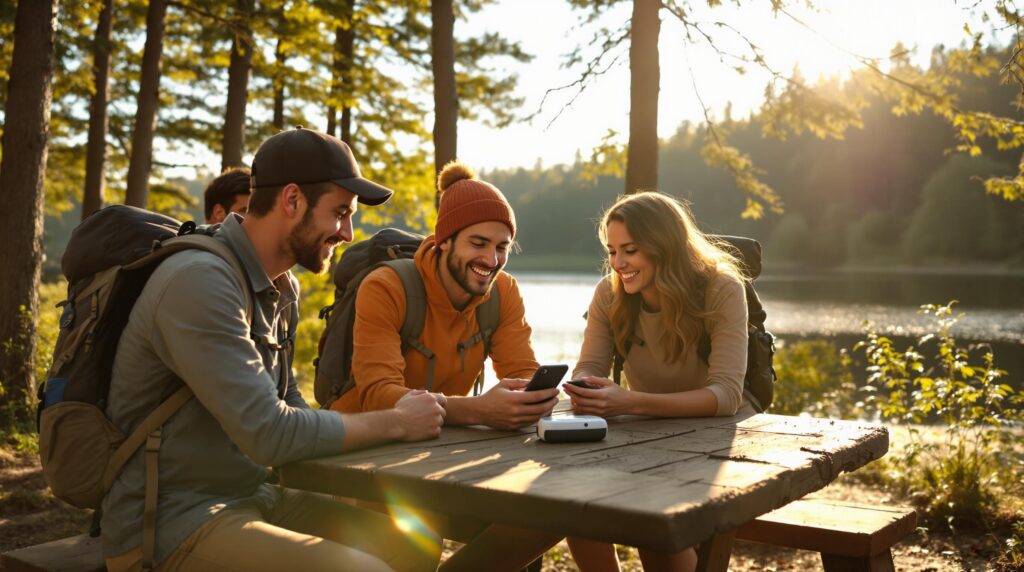 Four diverse campers gather at a wooden picnic table in a sunlit lakeside campground, checking trail information on a smartphone beside a small portable Wi-Fi device, with tall trees and blurred water in the background.