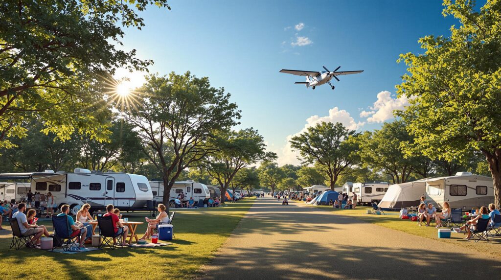 Campers gather at a tree-shaded campground with tents and RVs, relaxing at picnic tables under a clear blue sky as a small airplane flies overhead.