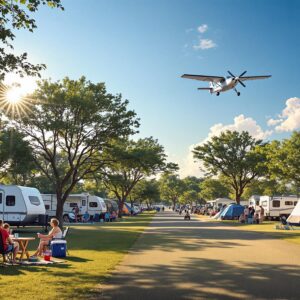 Campers gather at a tree-shaded campground with tents and RVs, relaxing at picnic tables under a clear blue sky as a small airplane flies overhead.