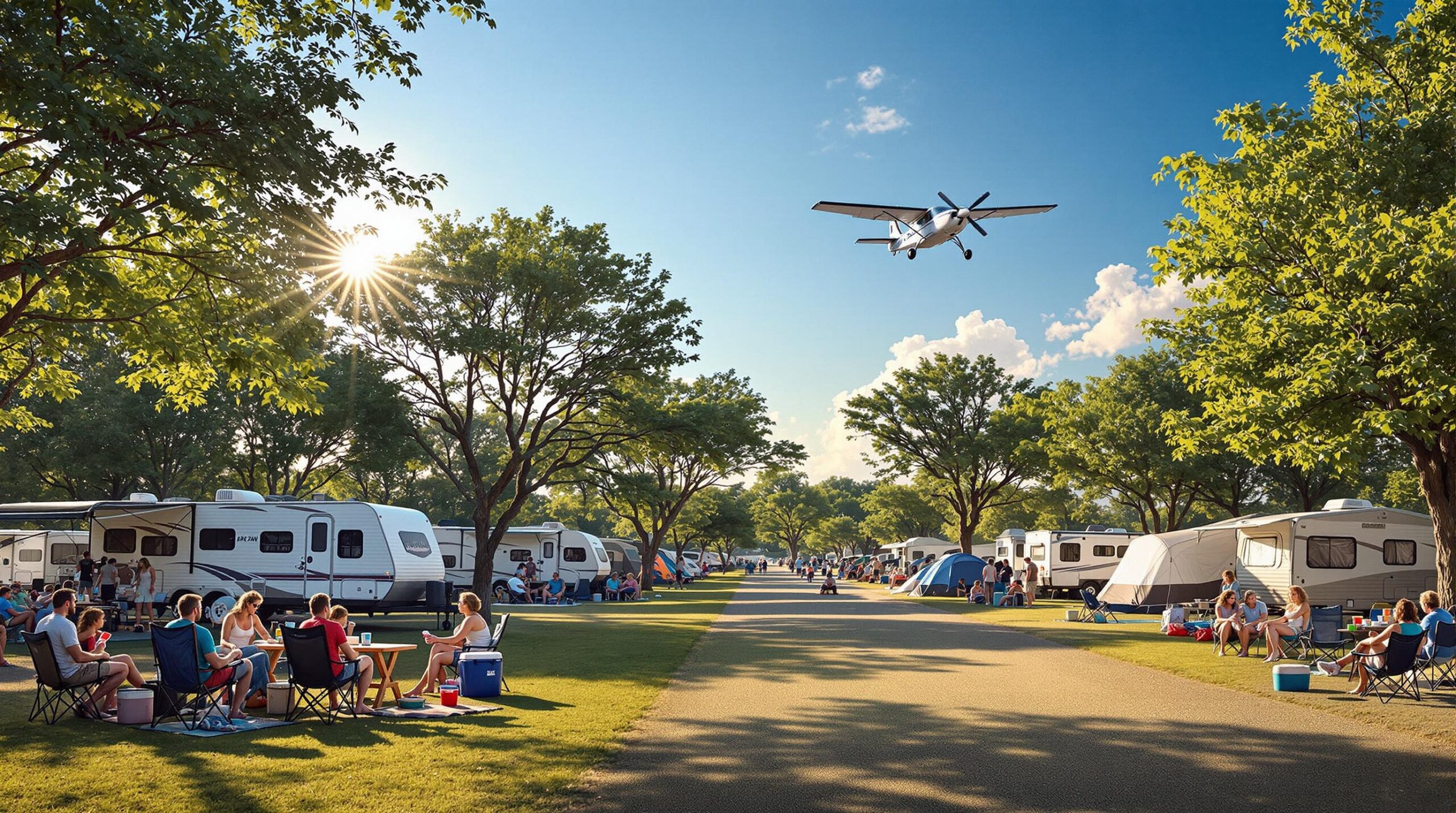 Campers gather at a tree-shaded campground with tents and RVs, relaxing at picnic tables under a clear blue sky as a small airplane flies overhead.