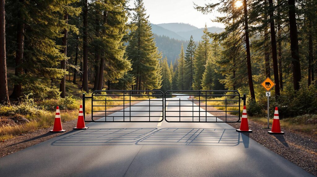 Closed metal gate with orange traffic cones blocks a paved campground road in a pine forest, late afternoon sunlight filtering through the trees, no people visible.