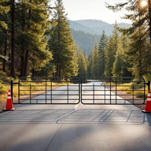 Closed metal gate with orange traffic cones blocks a paved campground road in a pine forest, late afternoon sunlight filtering through the trees, no people visible.