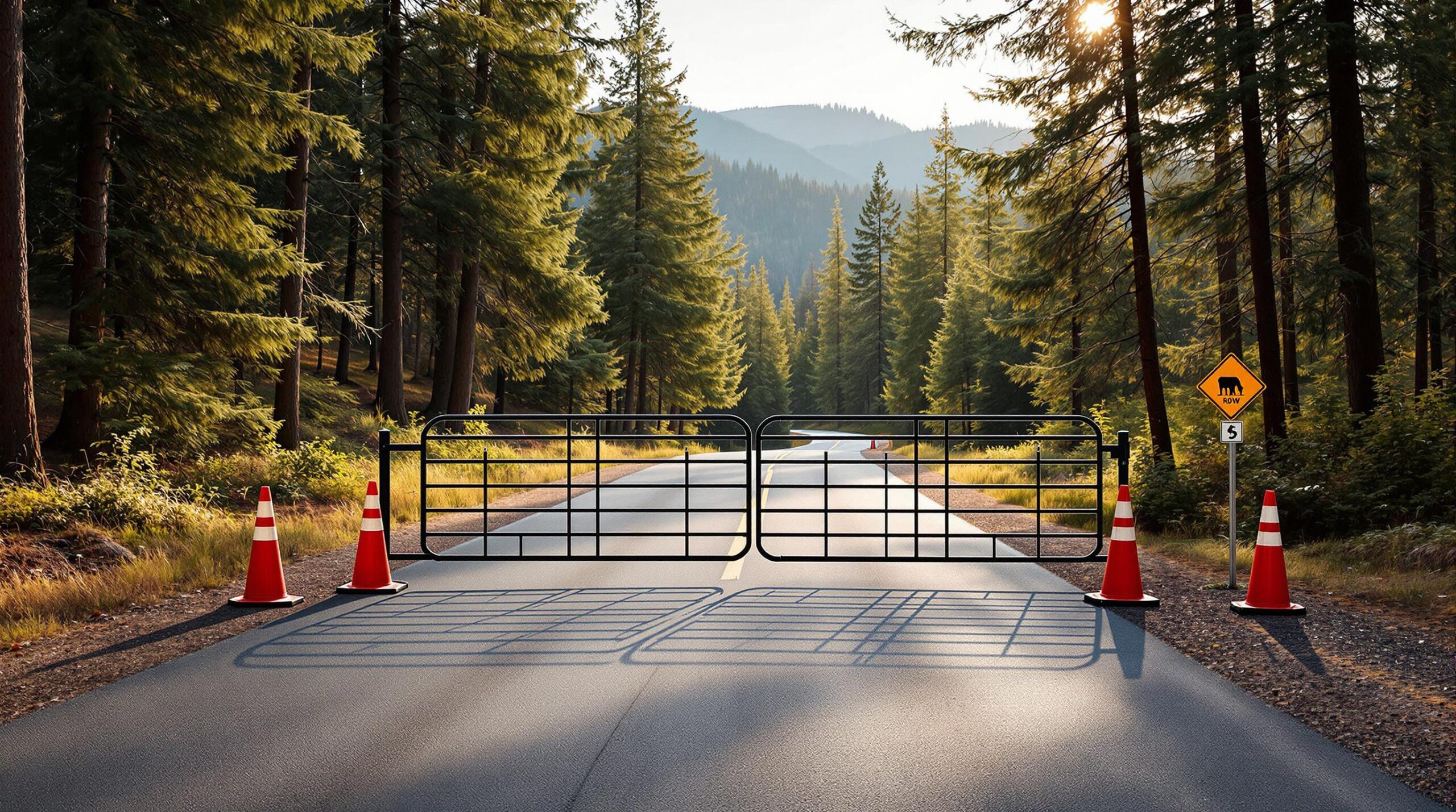 Closed metal gate with orange traffic cones blocks a paved campground road in a pine forest, late afternoon sunlight filtering through the trees, no people visible.