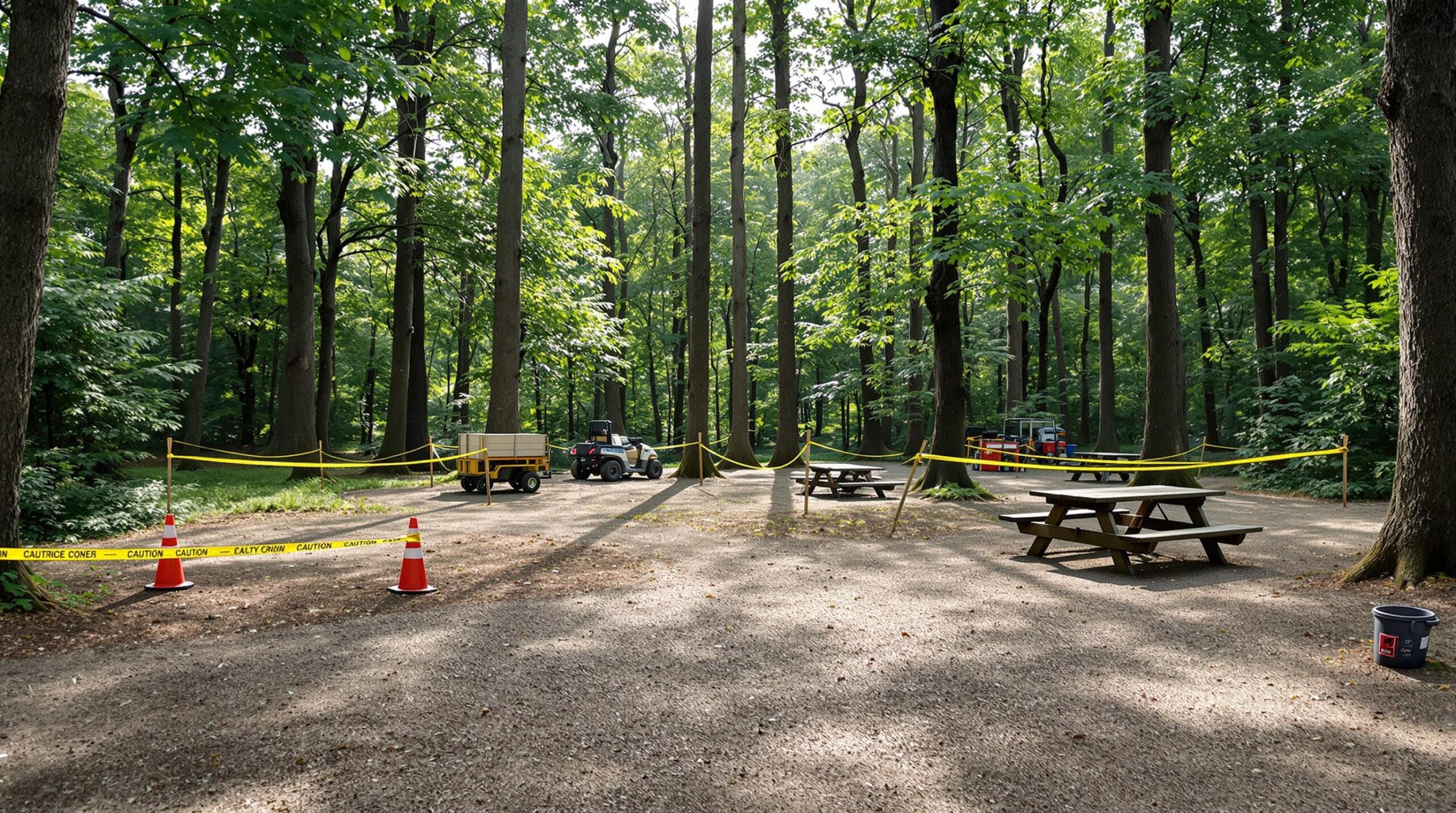 Empty forest campground with picnic table, caution tape, and maintenance cart under summer trees, morning sunlight filtering through leaves
