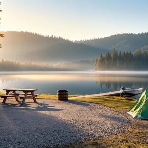 Lakeside campground at sunrise with RV, tent, picnic table, and fire ring in foreground, calm lake and misty forested hills in background