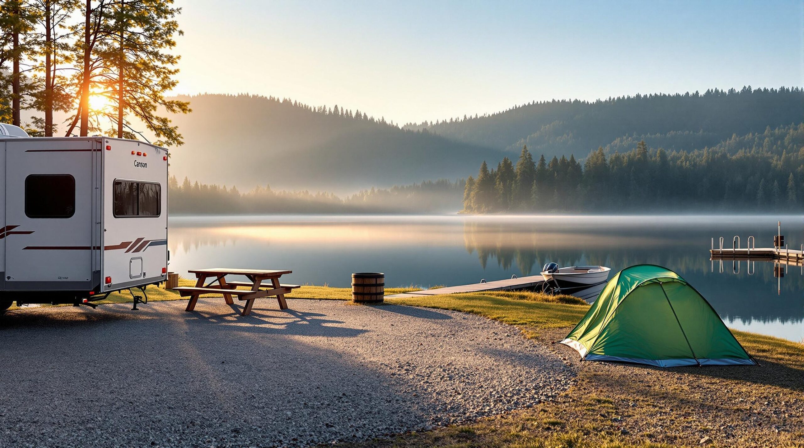 Lakeside campground at sunrise with RV, tent, picnic table, and fire ring in foreground, calm lake and misty forested hills in background