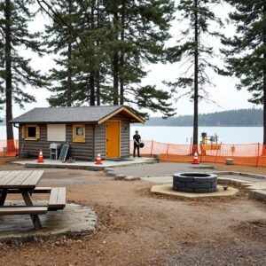 Empty lakeside campground with orange construction fencing, closed cabin, utility trenches, and pine trees under cloudy sky