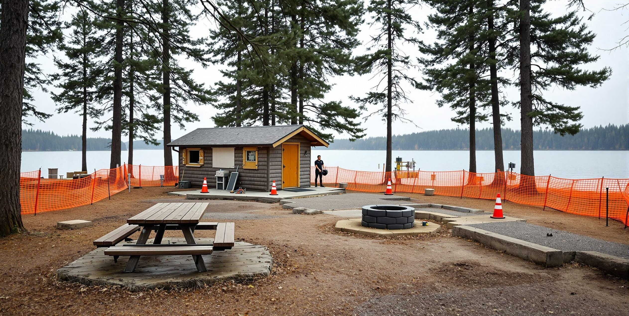 Empty lakeside campground with orange construction fencing, closed cabin, utility trenches, and pine trees under cloudy sky