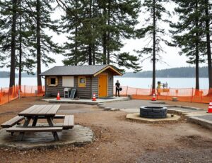 Empty lakeside campground with orange construction fencing, closed cabin, utility trenches, and pine trees under cloudy sky