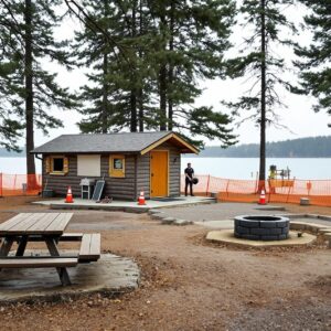 Empty lakeside campground with orange construction fencing, closed cabin, utility trenches, and pine trees under cloudy sky