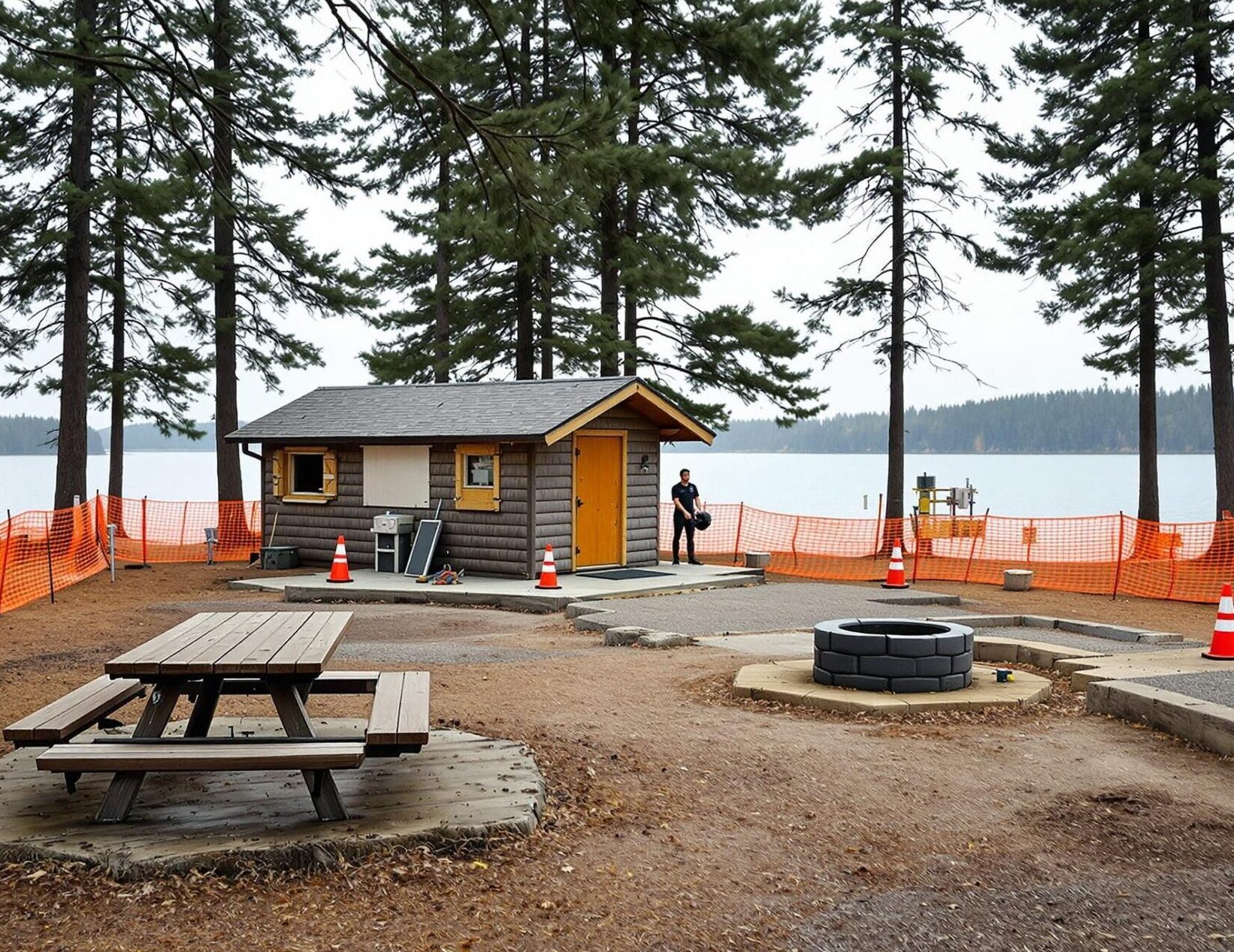 Empty lakeside campground with orange construction fencing, closed cabin, utility trenches, and pine trees under cloudy sky