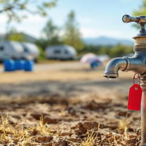 A close-up of a closed metal water spigot with a red tag in a dry campground, cracked earth and yellowed grass below, with blurred RVs, tents, and portable toilets in the background under a clear sky.
