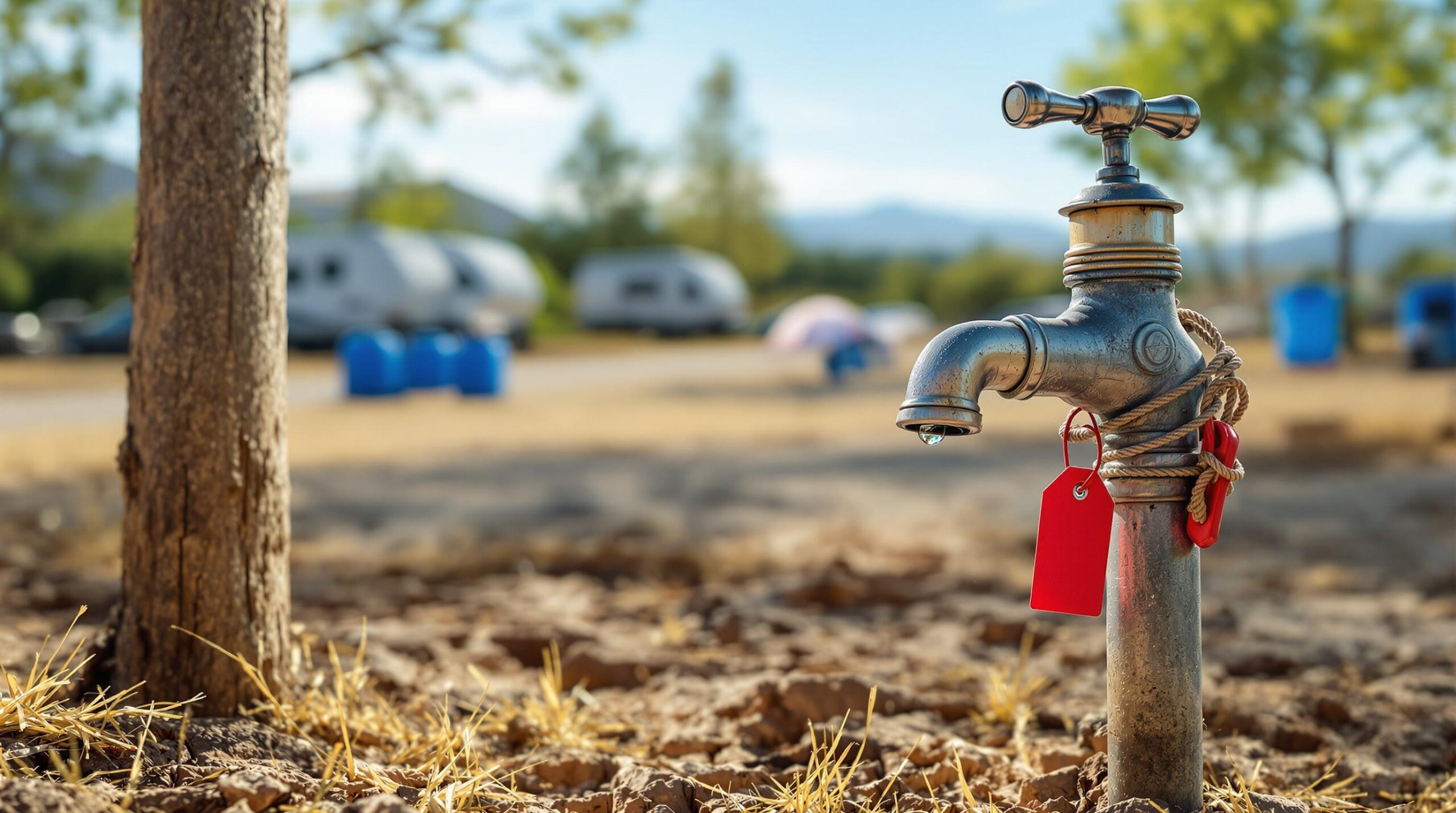 A close-up of a closed metal water spigot with a red tag in a dry campground, cracked earth and yellowed grass below, with blurred RVs, tents, and portable toilets in the background under a clear sky.