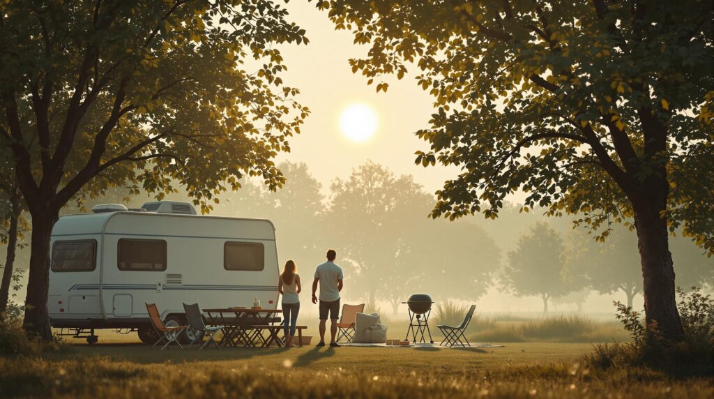 A small family campground with a white travel trailer under leafy trees on a hazy summer afternoon, two adults looking up at the pale sun through smoggy air, with a picnic table and closed grill nearby.