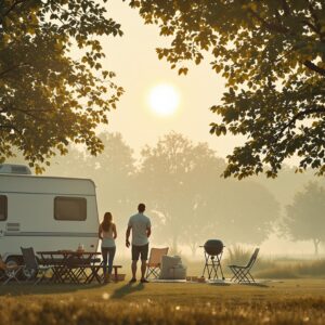A small family campground with a white travel trailer under leafy trees on a hazy summer afternoon, two adults looking up at the pale sun through smoggy air, with a picnic table and closed grill nearby.