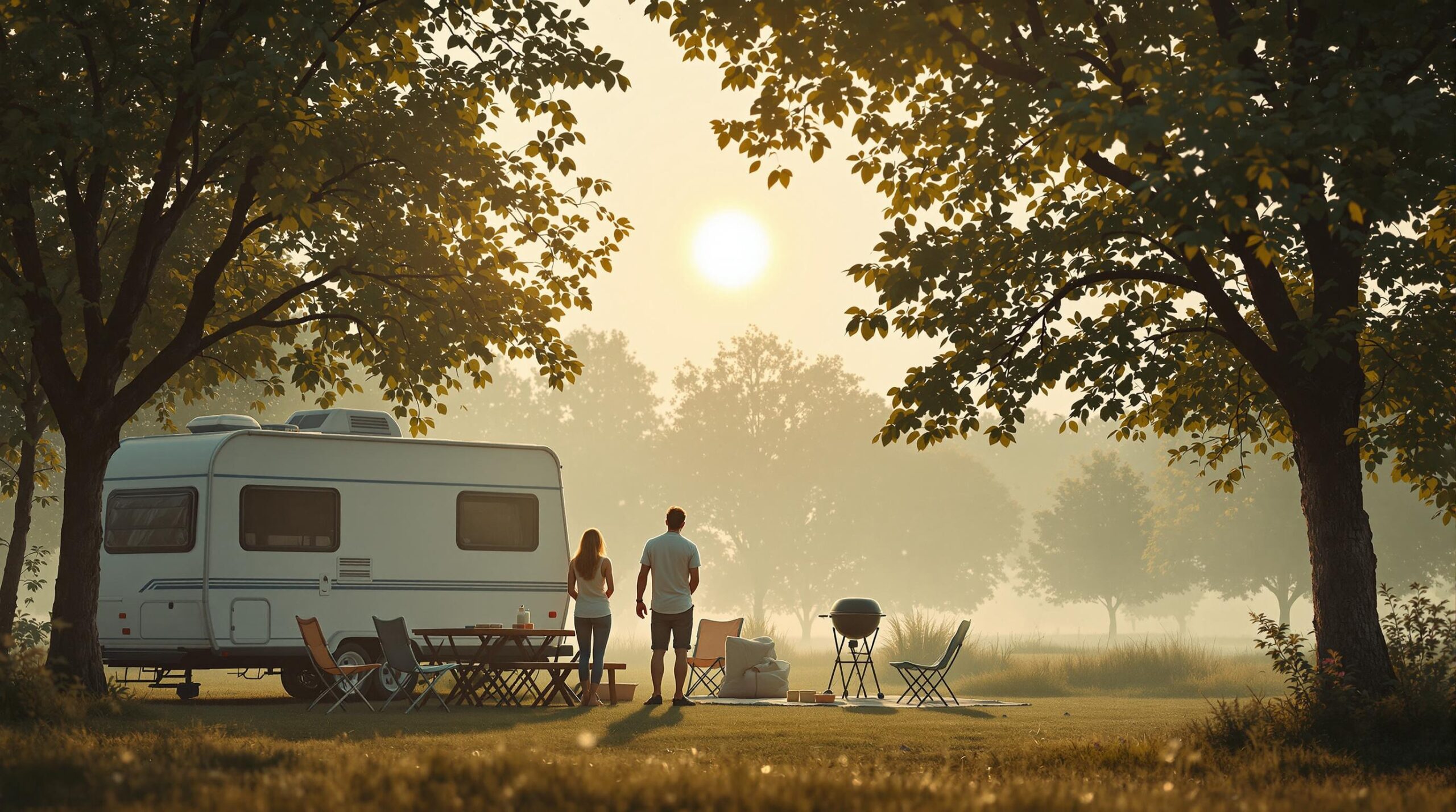 A small family campground with a white travel trailer under leafy trees on a hazy summer afternoon, two adults looking up at the pale sun through smoggy air, with a picnic table and closed grill nearby.