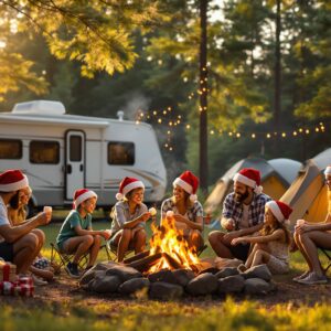 Families wearing Santa hats roast marshmallows around a bonfire at a summer campground with tents, RV, and Christmas lights in the trees.