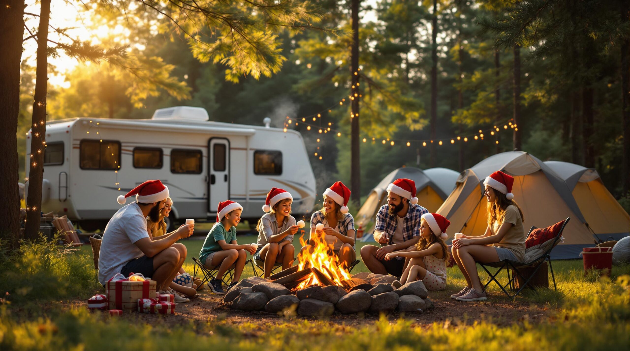 Families wearing Santa hats roast marshmallows around a bonfire at a summer campground with tents, RV, and Christmas lights in the trees.