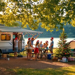 Families in summer clothing and Santa hats decorate an RV and tents with Christmas lights at a campground near a small lake, with a tabletop tree and golden sunlight filtering through leafy trees in the background.