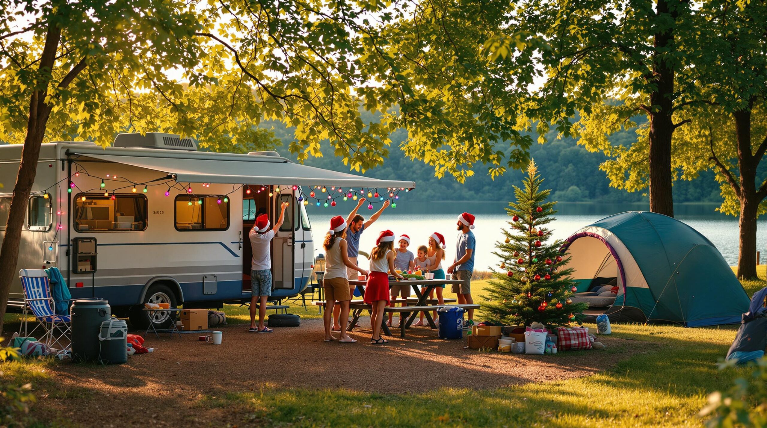 Families in summer clothing and Santa hats decorate an RV and tents with Christmas lights at a campground near a small lake, with a tabletop tree and golden sunlight filtering through leafy trees in the background.