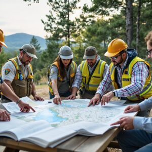 A diverse group of county officials and planners in outdoor gear gather around a topographic map on a picnic table in a generic pine forest, discussing plans under natural daylight.