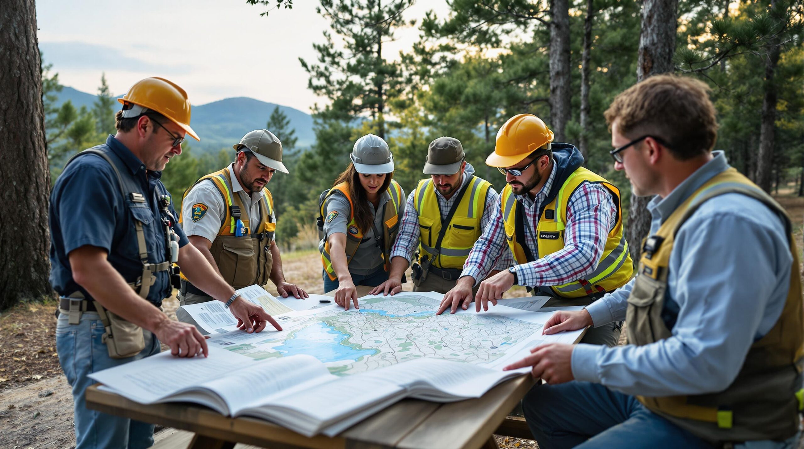 A diverse group of county officials and planners in outdoor gear gather around a topographic map on a picnic table in a generic pine forest, discussing plans under natural daylight.