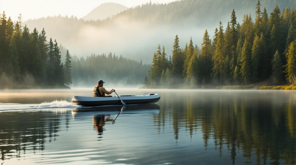 Park ranger paddling an electric canoe on a calm lake surrounded by evergreen forest in soft morning light